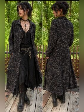 CDC Black Floral Outline Long Duster Trench Coat